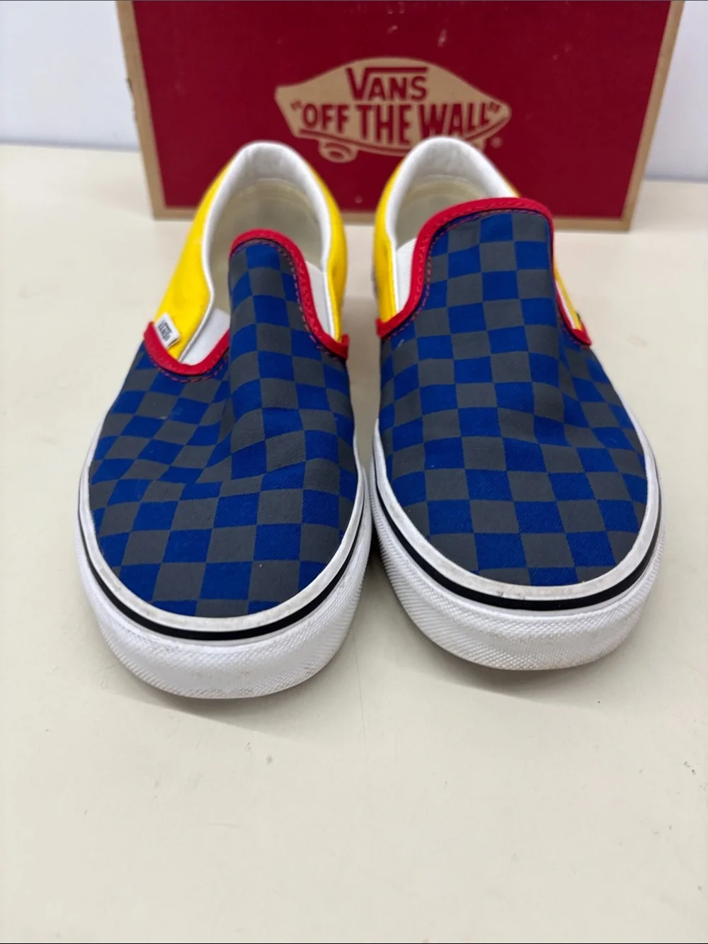 Vans Boys Slip-On Checkerboard in Blue, Yellow & Red